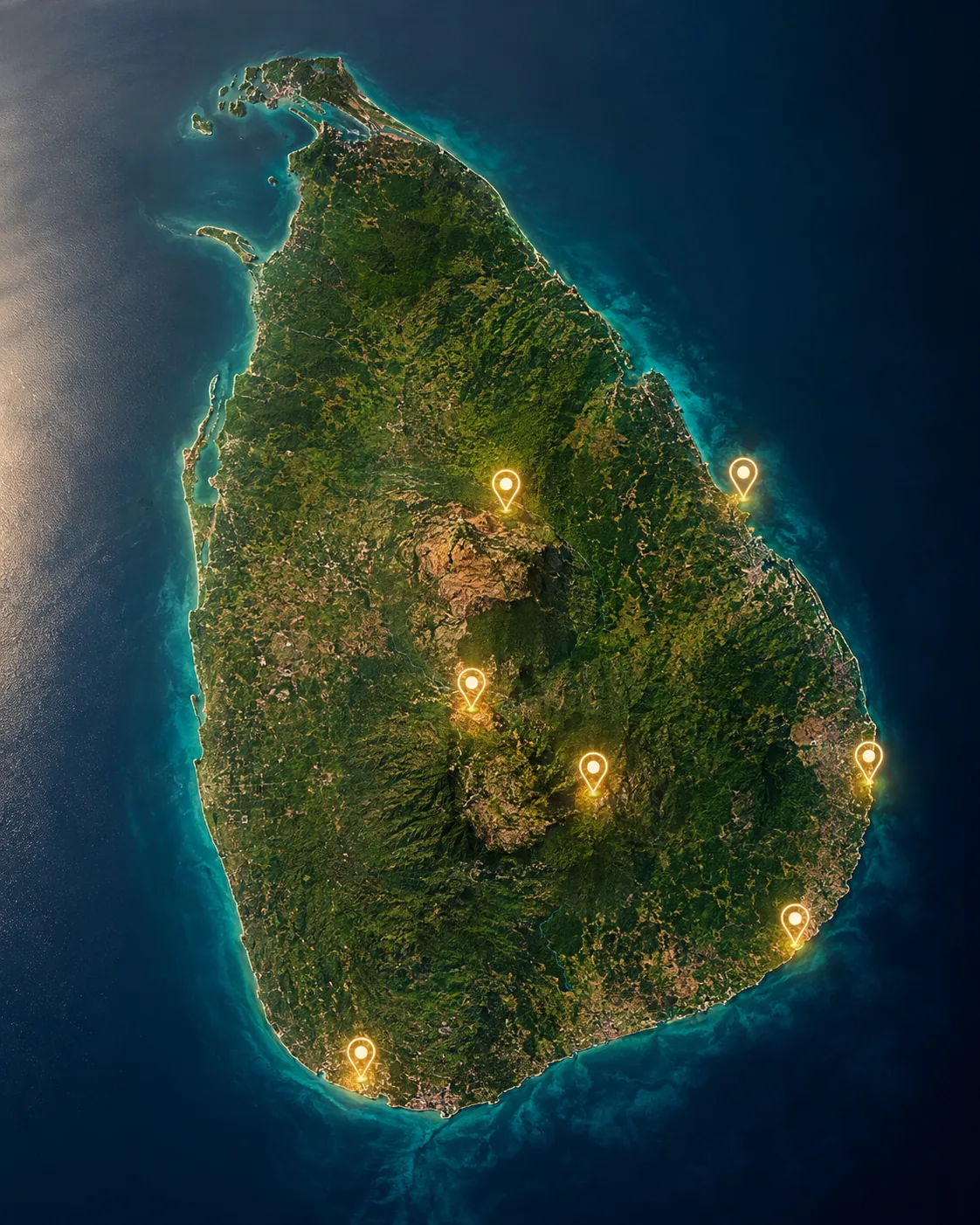 Realistic aerial map of Sri Lanka with tourism locations